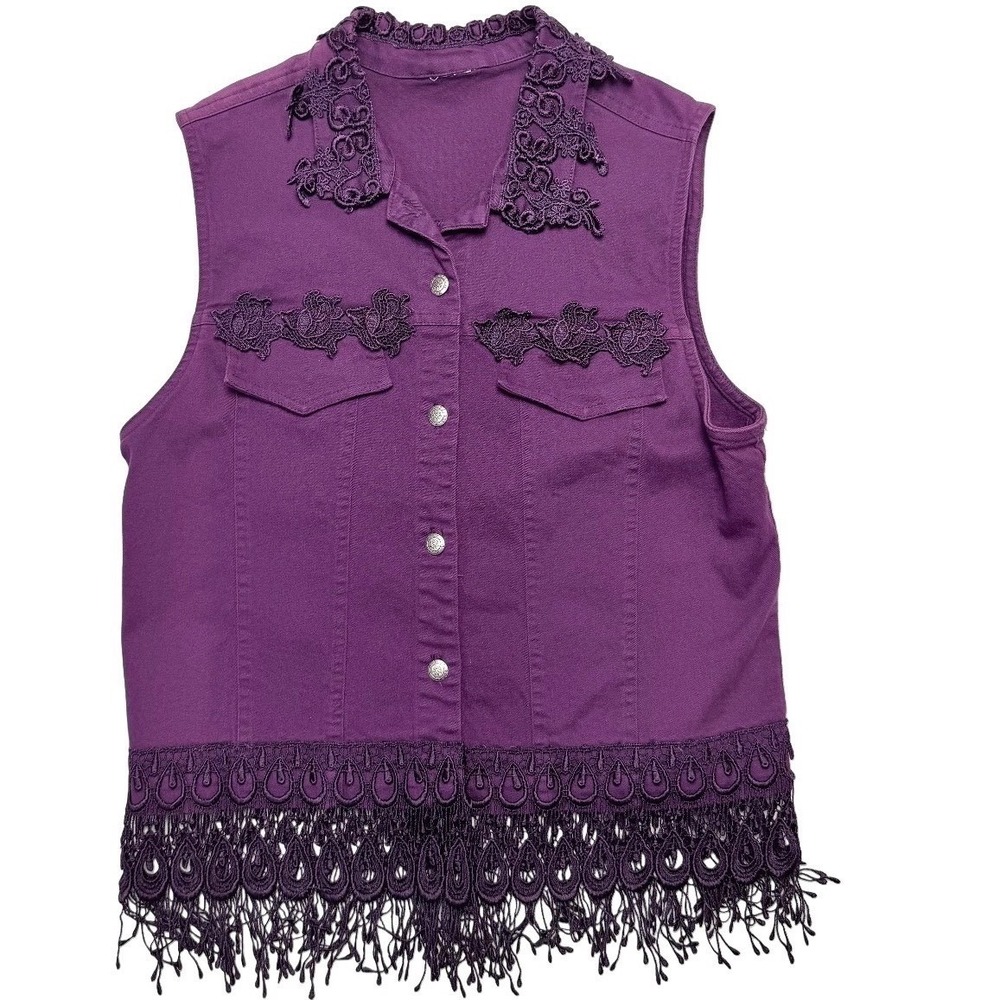 Vintage 90s Boho Medium Lace Cotton Denim Vest Purple Fringe Festival Fairy Goth - Picture 7 of 10